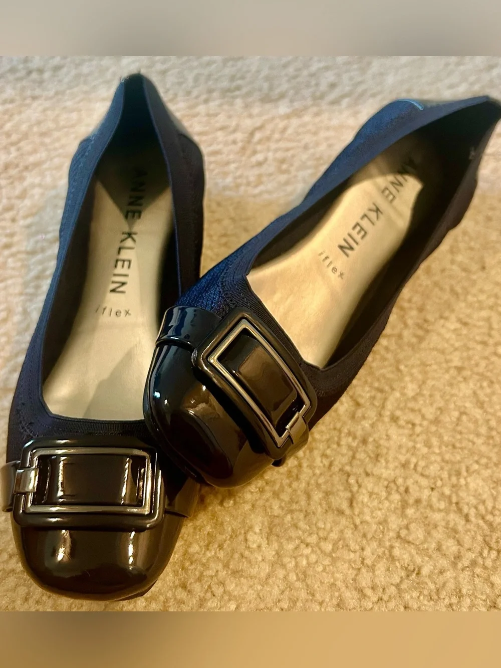 Anne Klein women’s Navy Patent Buckle Toe Unice Flats, Square Toe NWOT 9 - Picture 1 of 9